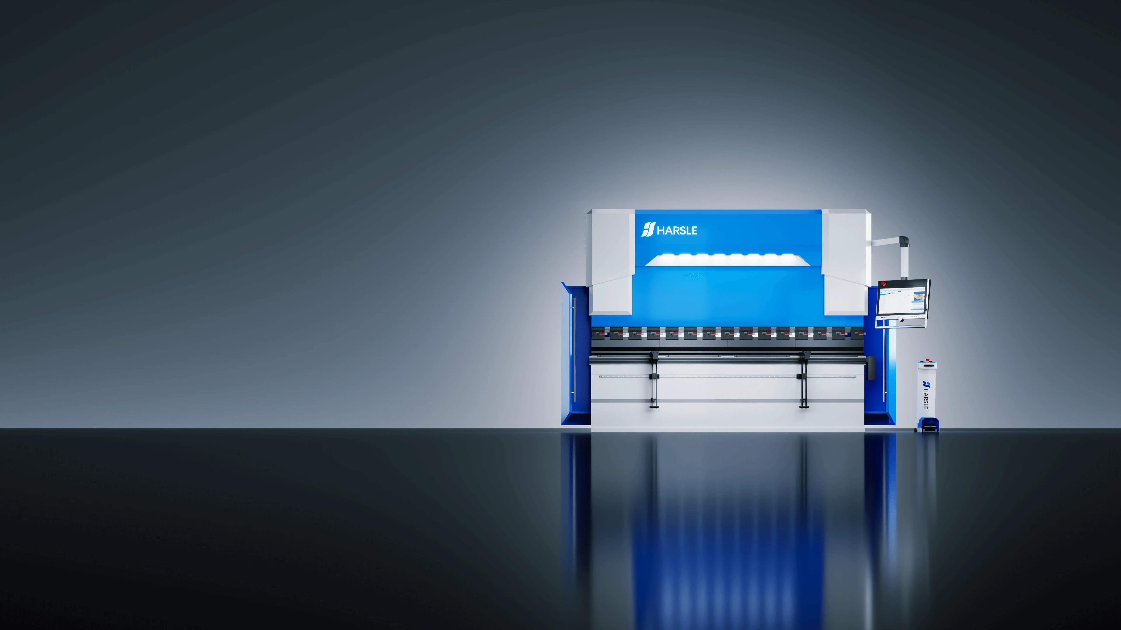 AdvancedBend CNC press brake hero — studio lighting, 45-degree angle